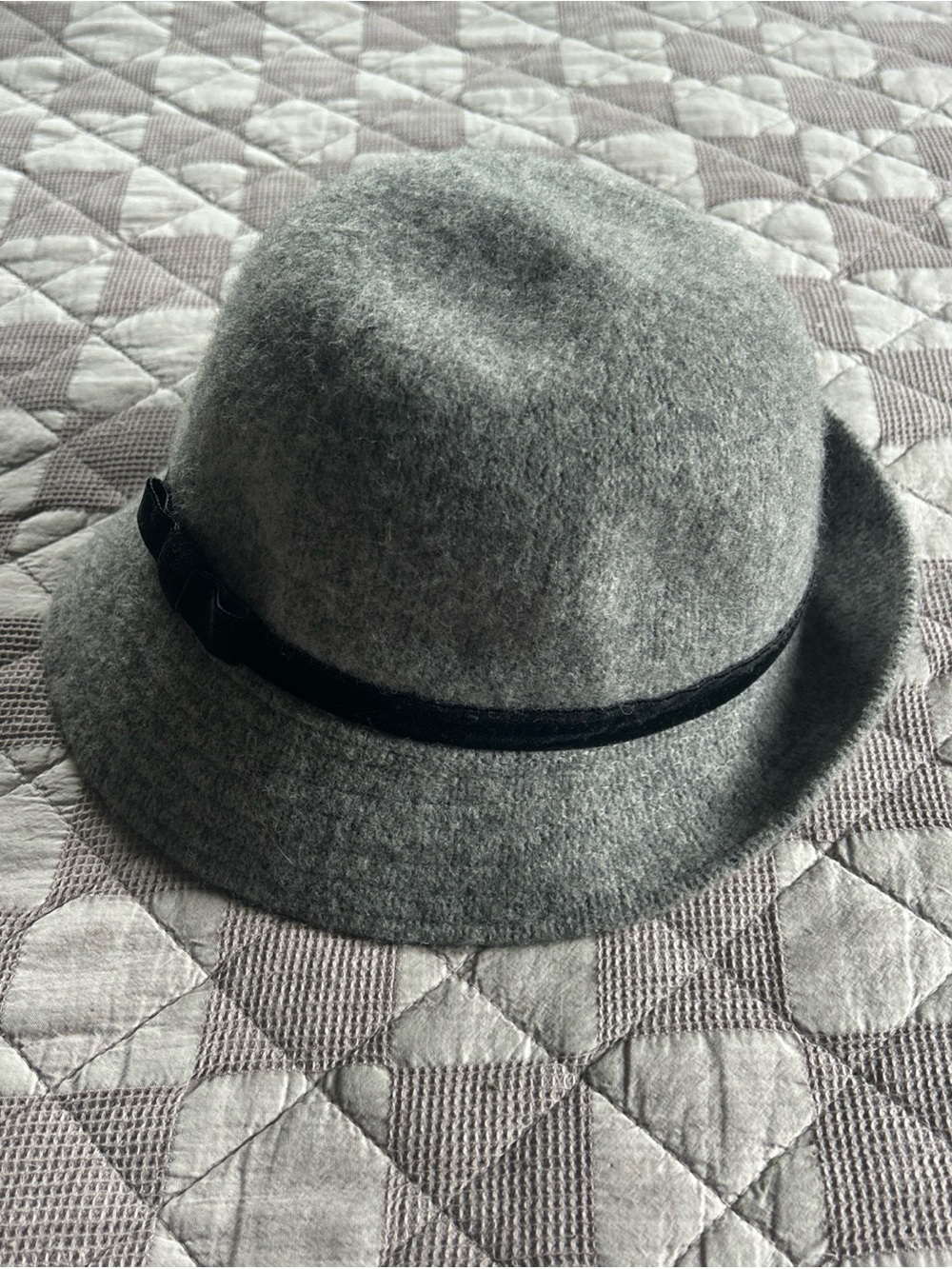 Nine West Grey Wool Trench Cloche Hat with Black Band